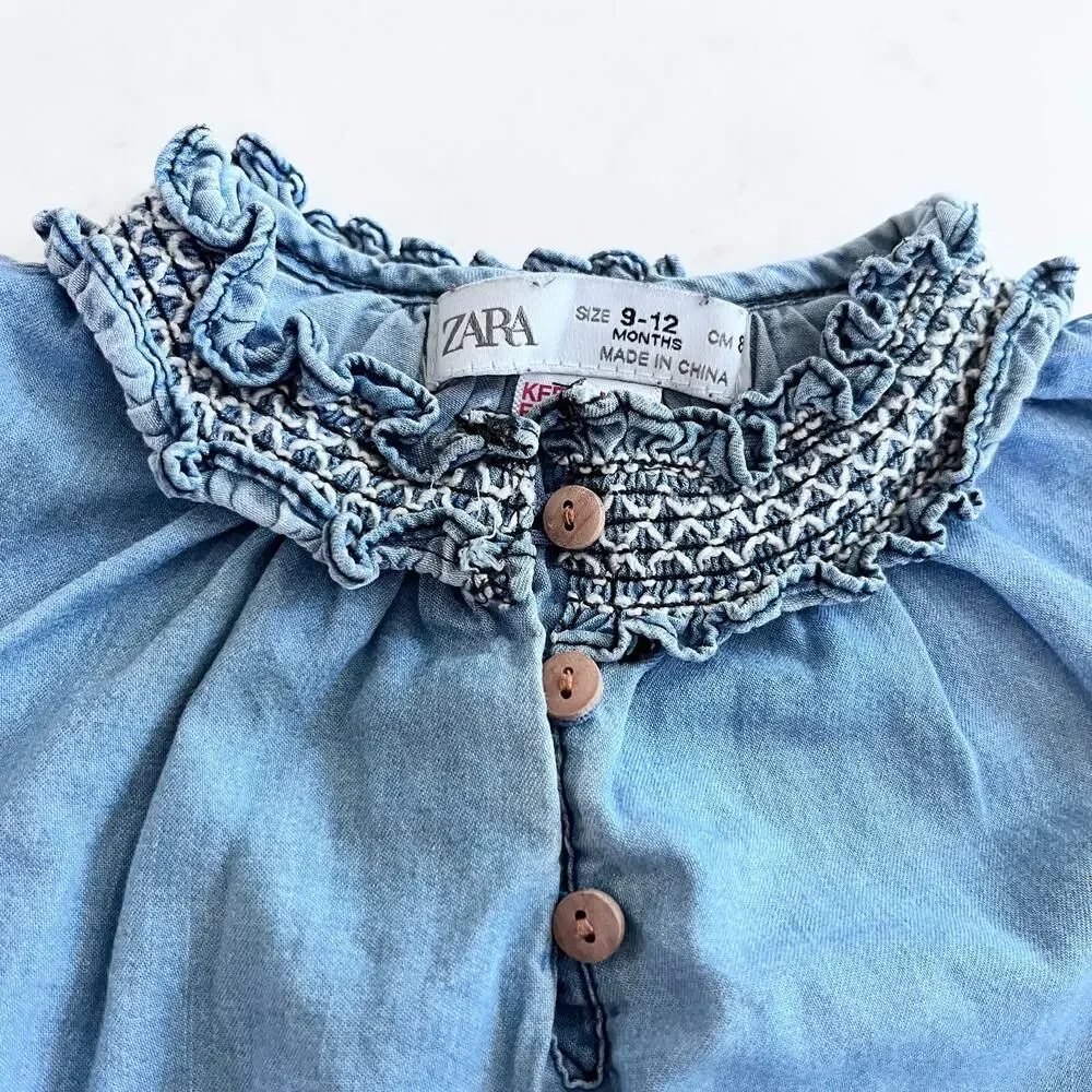 Zara girls blue denim chambray smocked top blouse size 9-12 months